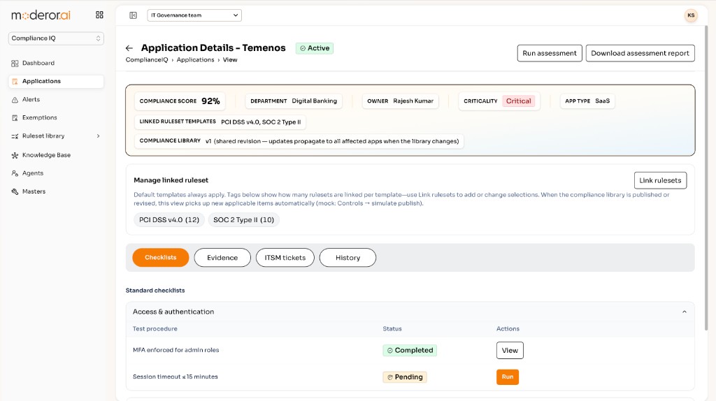 Compliance IQ application details for Temenos with compliance score, linked rulesets, and checklist status