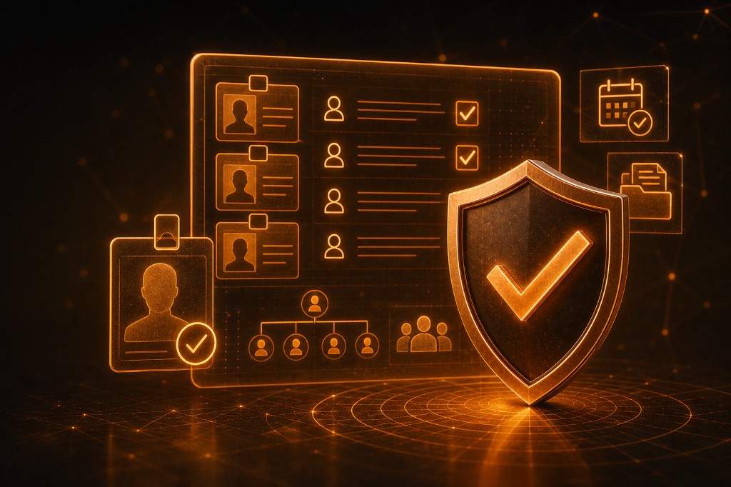 HR workforce compliance visual with employee profiles, policy checks, and governance shield