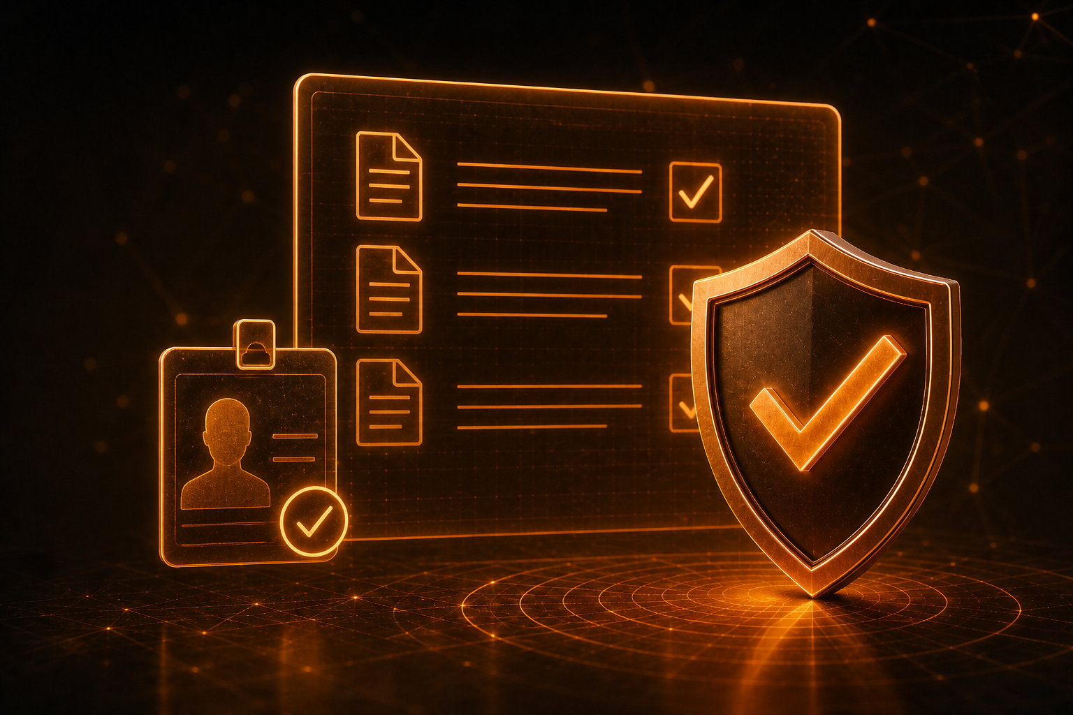 KYC document verification visual with identity badge, document checklist, and compliance shield