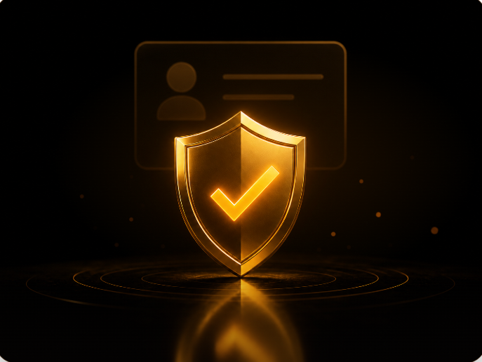 KYC customer verification governance shield with identity document and verified checkmark