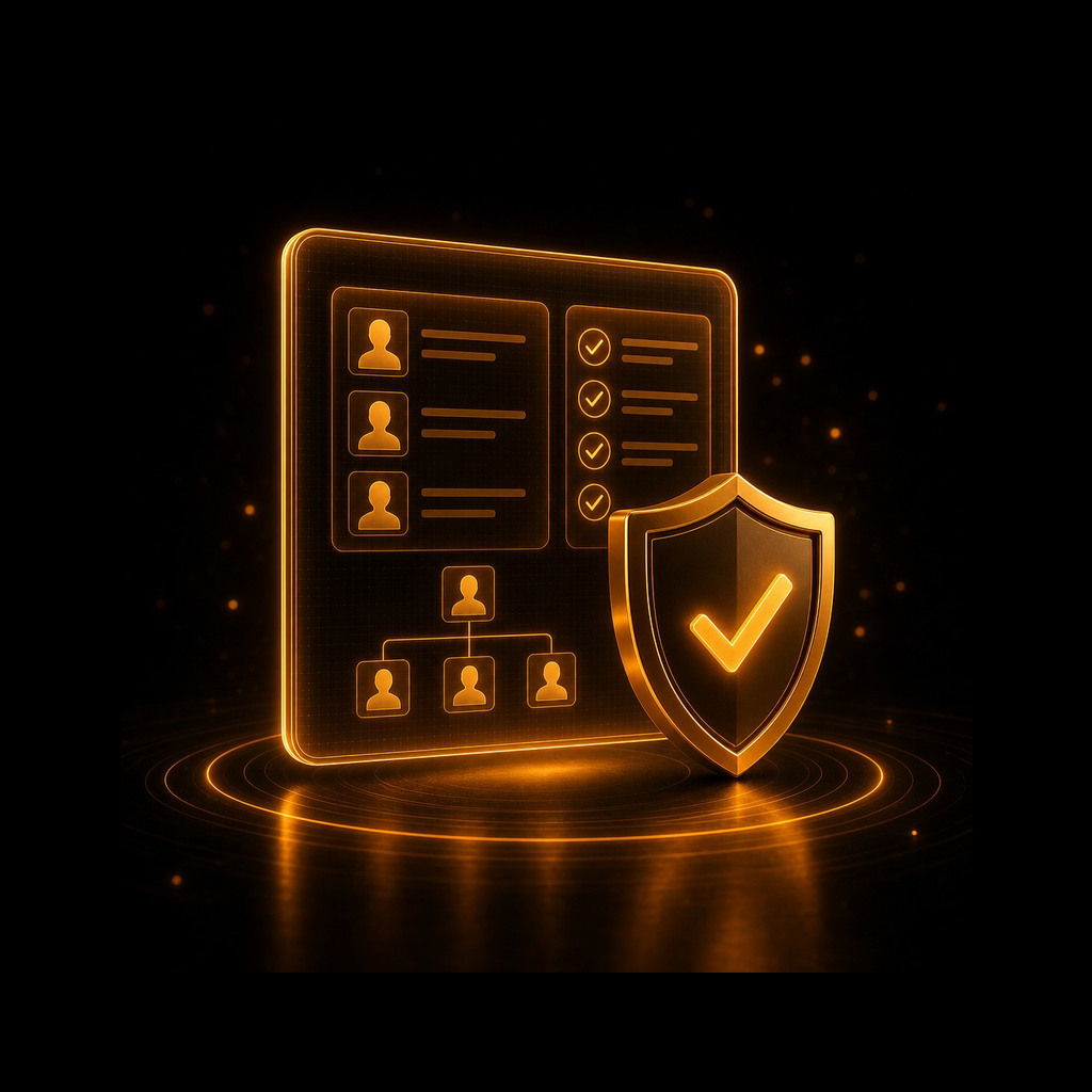 Logical access governance visual with identity profiles, access checklist, and security shield