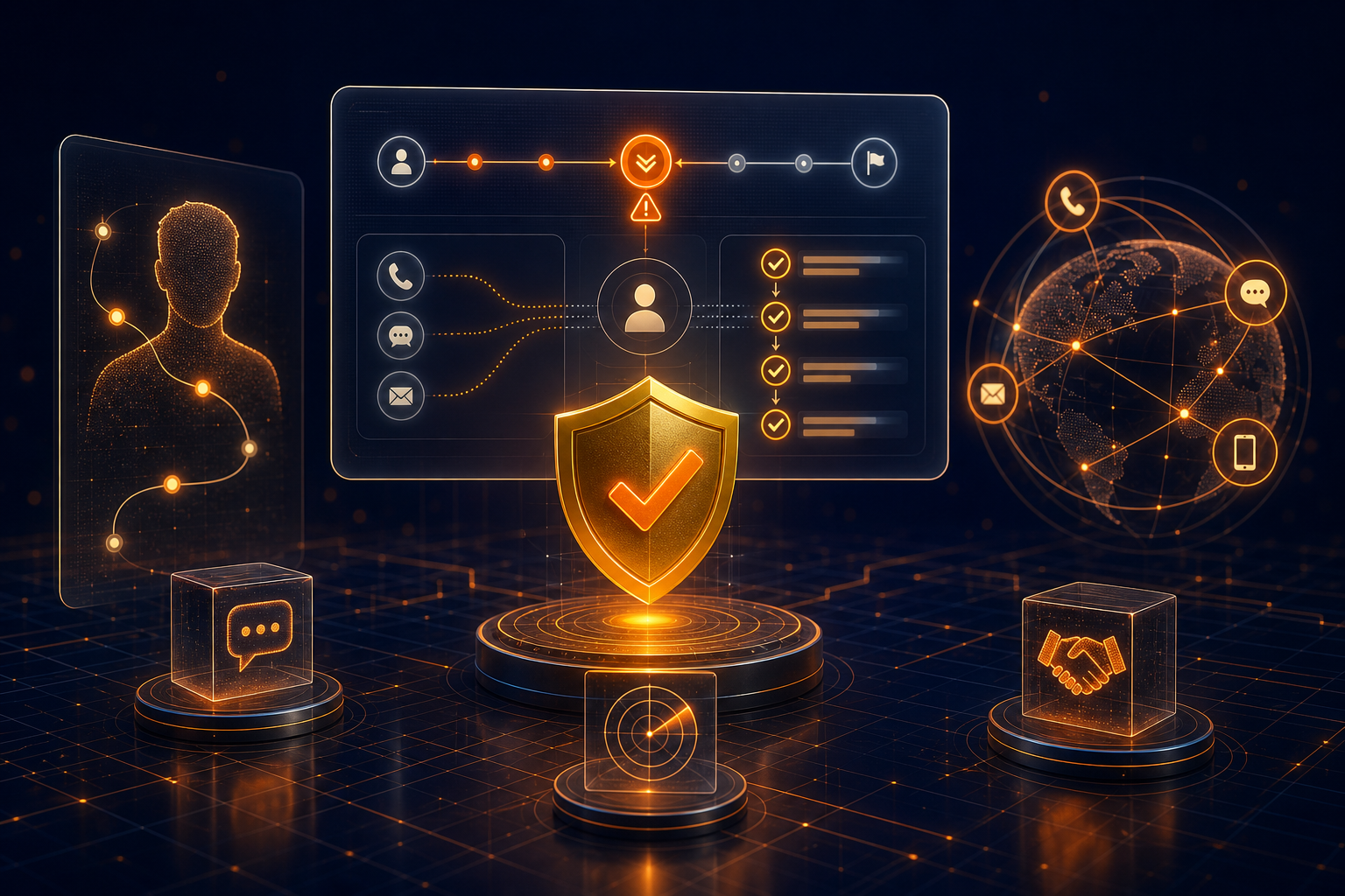 Customer re-engagement governance visual with journey recovery, omni-channel outreach, and compliance shield